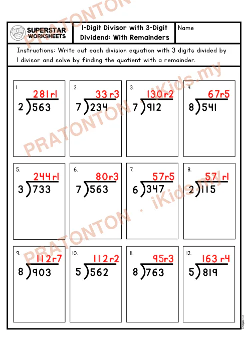 Pratonton muka 2 lembaran LongDivision3Digit4thGradeWorksheetWithRemainder — Matematik Tahun 4
