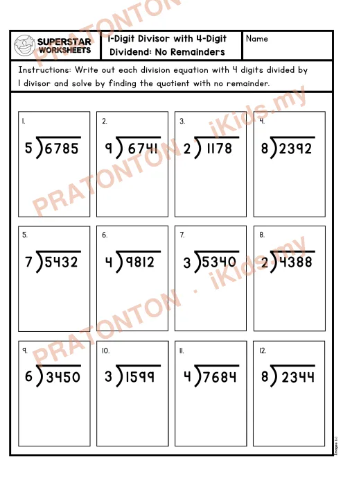 Pratonton muka 1 lembaran LongDivision4Digit4thGradeWorksheetNoRemainder — Matematik Tahun 4
