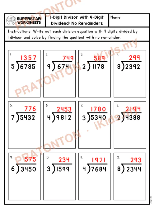 Pratonton muka 2 lembaran LongDivision4Digit4thGradeWorksheetNoRemainder — Matematik Tahun 4