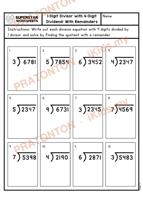 Pratonton muka 1 lembaran LongDivision4Digit4thGradeWorksheetWithRemainder — Matematik Tahun 4