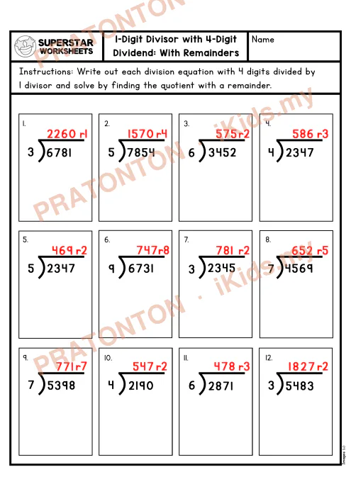 Pratonton muka 2 lembaran LongDivision4Digit4thGradeWorksheetWithRemainder — Matematik Tahun 4