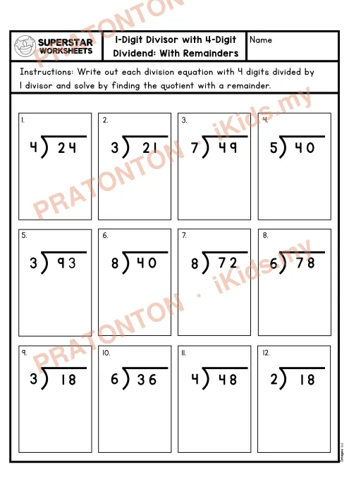 Pratonton muka 1 lembaran LongDivision4thGradeWorksheetNoRemainder — Matematik Tahun 4