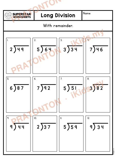 Pratonton muka 1 lembaran LongDivision4thGradeWorksheetWithRemainder — Matematik Tahun 4