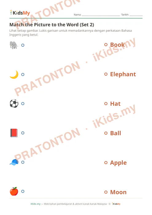 Pratonton muka 1 lembaran Match the Picture to the Word (Set 2) — Bahasa Inggeris Tadika (2-6)