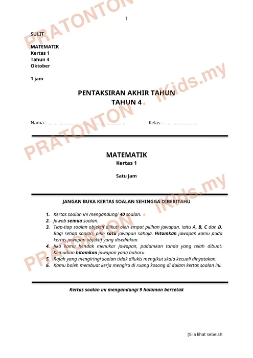 Pratonton muka 1 lembaran MATEMATIK (3) — Matematik Tahun 4