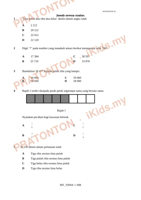 Pratonton muka 1 lembaran MATEMATIK K1 — Matematik Tahun 4