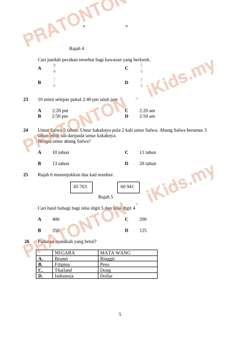 Pratonton muka 5 lembaran MATEMATIK K1 — Matematik Tahun 4