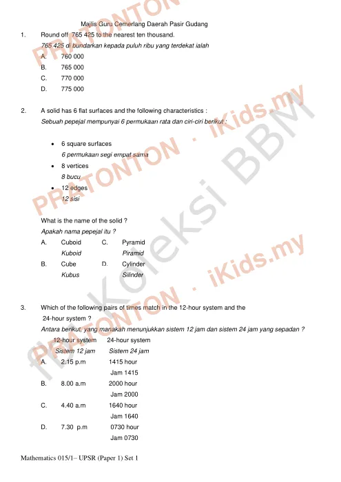 Pratonton muka 1 lembaran Matematik Kertas 1 MGC — Matematik Tahun 6