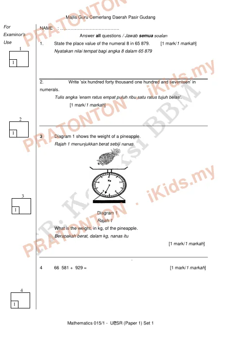 Pratonton muka 1 lembaran Matematik Kertas 2 MGC — Matematik Tahun 6
