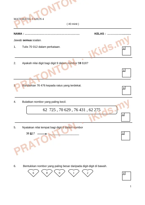 Pratonton muka 1 lembaran MATEMATIK TAHUN 4 (2) — Matematik Tahun 4