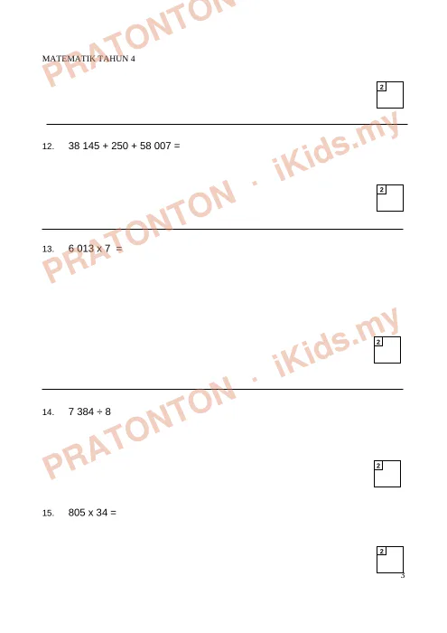 Pratonton muka 3 lembaran MATEMATIK TAHUN 4 (2) — Matematik Tahun 4