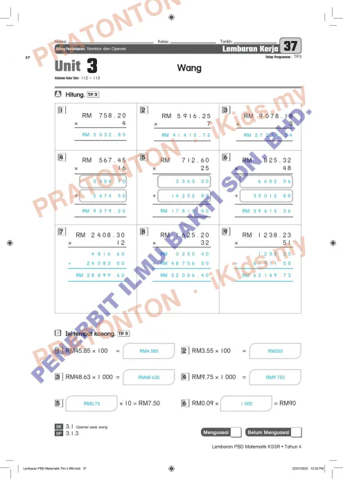 Pratonton muka 39 lembaran Latihan Matematik — Matematik Tahun 4