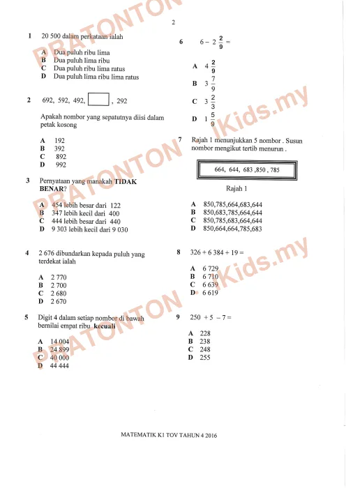 Pratonton muka 1 lembaran MATEMATIK Tahun 4 K1 2016 BK1 — Matematik Tahun 4