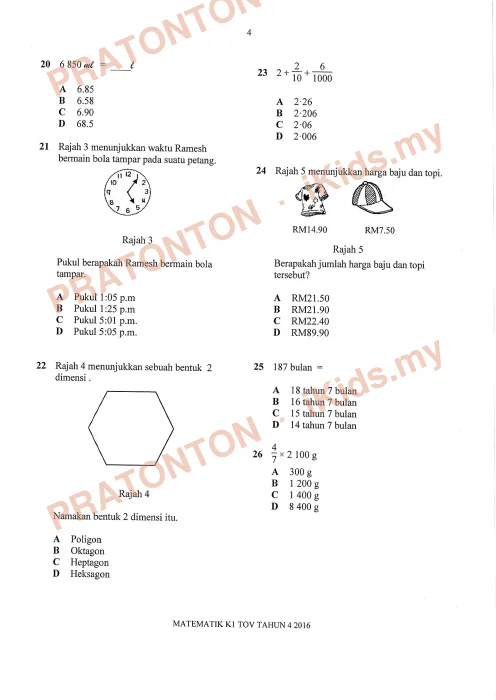 Pratonton muka 3 lembaran MATEMATIK Tahun 4 K1 2016 BK1 — Matematik Tahun 4