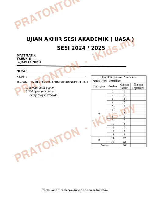 Pratonton muka 1 lembaran MATEMATIK TAHUN 6 — Matematik Tahun 6