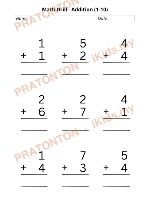 Pratonton muka 1 lembaran Math Drill - Addition (1-10) — Matematik Tahun 1
