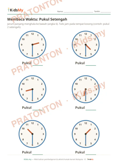 Pratonton muka 1 lembaran Membaca Waktu: Pukul Setengah — Matematik Tahun 1