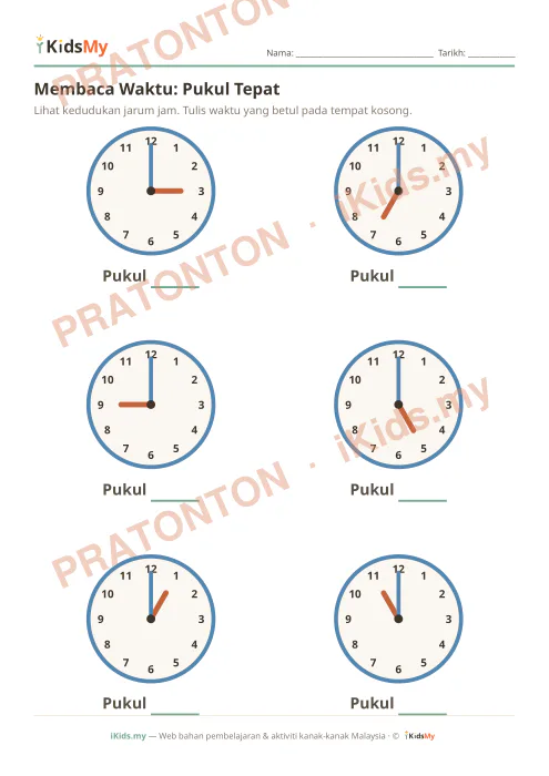 Pratonton muka 1 lembaran Membaca Waktu: Pukul Tepat — Matematik Tahun 1