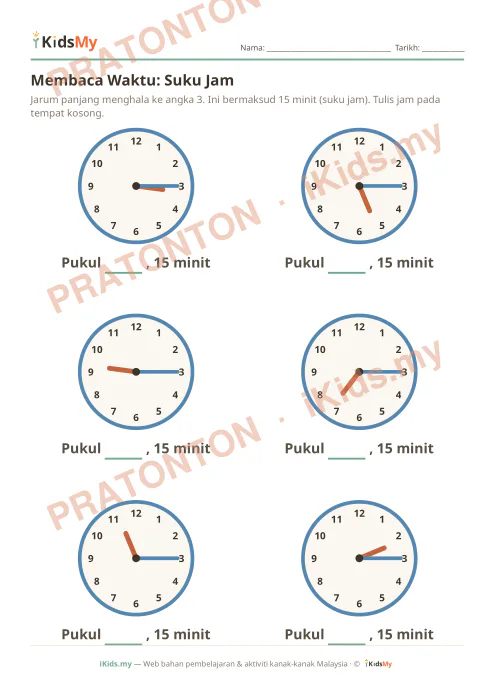 Pratonton muka 1 lembaran Membaca Waktu: Suku Jam — Matematik Tahun 1