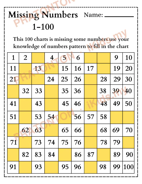 Pratonton muka 1 lembaran Missing Numbers Name: — Matematik Tahun 1