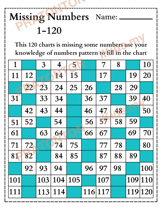 Pratonton muka 6 lembaran Missing Numbers Name: — Matematik Tahun 1