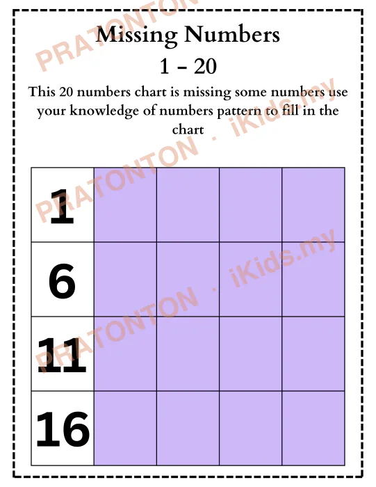 Pratonton muka 1 lembaran Missing Numbers — Matematik Tahun 1