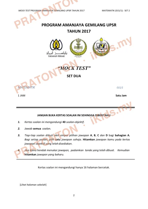 Pratonton muka 1 lembaran Mock Test 2 Matematik K1 — Matematik Tahun 6