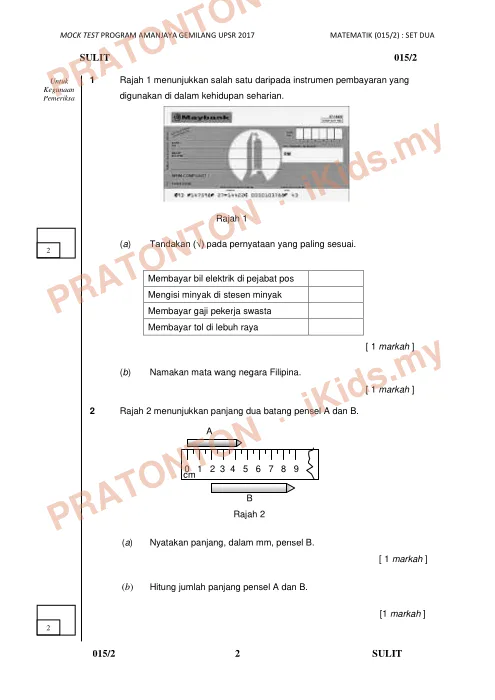 Pratonton muka 1 lembaran Mock Test 2 Matematik K2 — Matematik Tahun 6