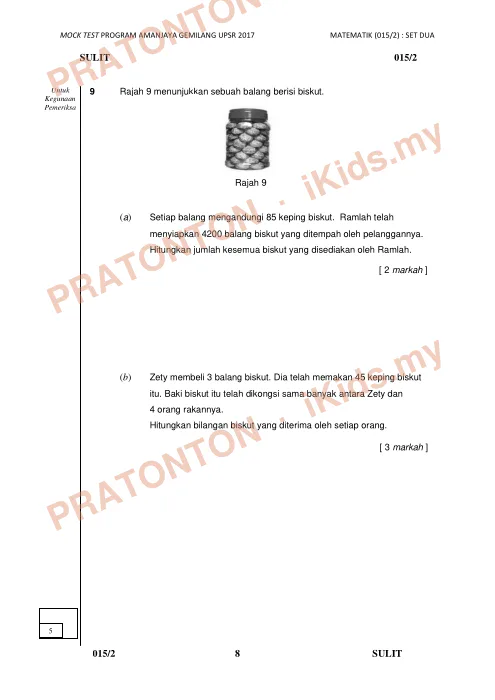 Pratonton muka 7 lembaran Mock Test 2 Matematik K2 — Matematik Tahun 6