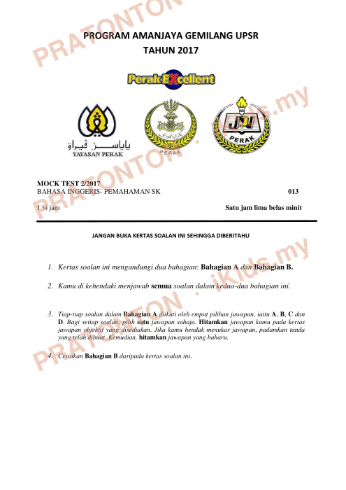 Pratonton muka 1 lembaran Mock Test 2 UPSR 2017 — Bahasa Inggeris — Bahasa Inggeris Tahun 6
