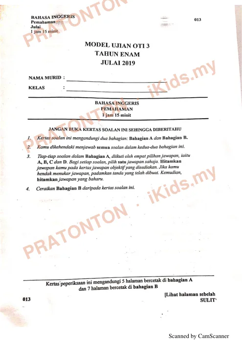 Pratonton muka 1 lembaran Model Ujian OTI 3 Tahun 6 Julai 2019 — Bahasa Inggeris Pemahaman — Bahasa Inggeris Tahun 6