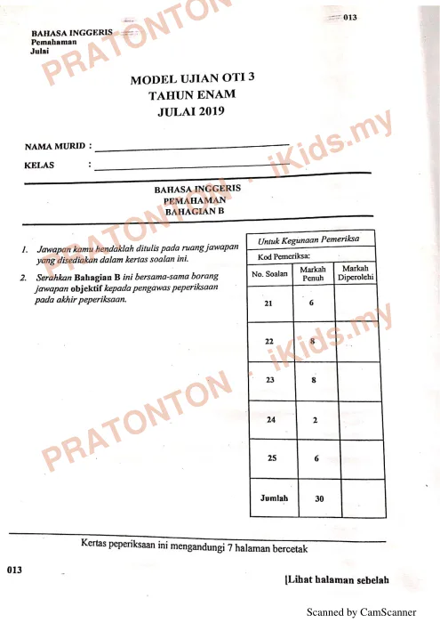 Pratonton muka 6 lembaran Model Ujian OTI 3 Tahun 6 Julai 2019 — Bahasa Inggeris Pemahaman — Bahasa Inggeris Tahun 6
