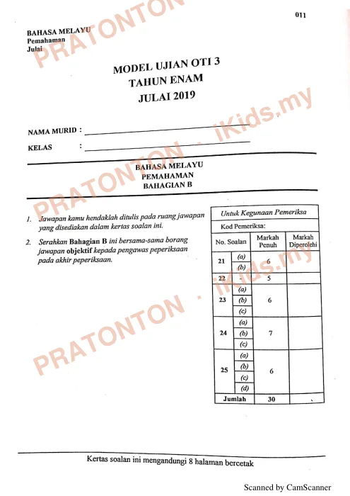 Pratonton muka 8 lembaran Model Ujian OTI 3 Tahun 6 Julai 2019 — Bahasa Melayu Pemahaman — Bahasa Melayu Tahun 6