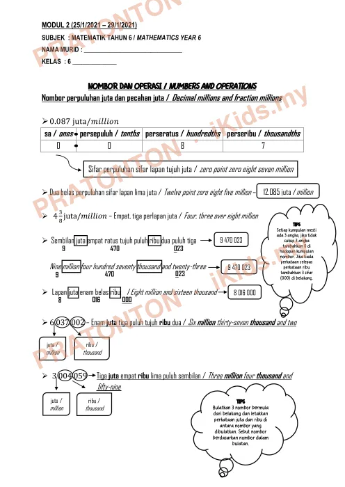 Pratonton muka 1 lembaran MODUL 2 Matematik (2021) — Matematik Tahun 6