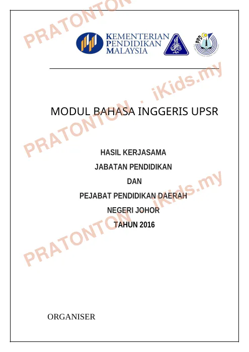 Pratonton muka 1 lembaran Modul Bahasa Inggeris UPSR — Kerjasama Jabatan Pendidikan — Bahasa Inggeris Tahun 6