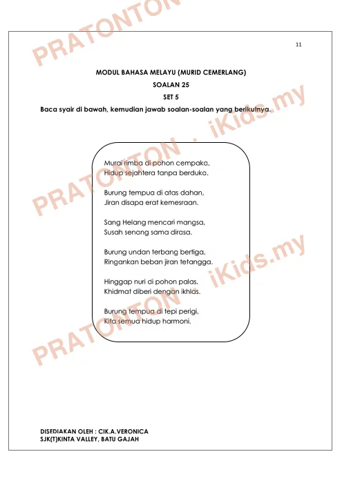 Pratonton muka 11 lembaran Modul Bahasa Melayu Murid Lemah — 25 Soalan — Bahasa Melayu Tahun 6