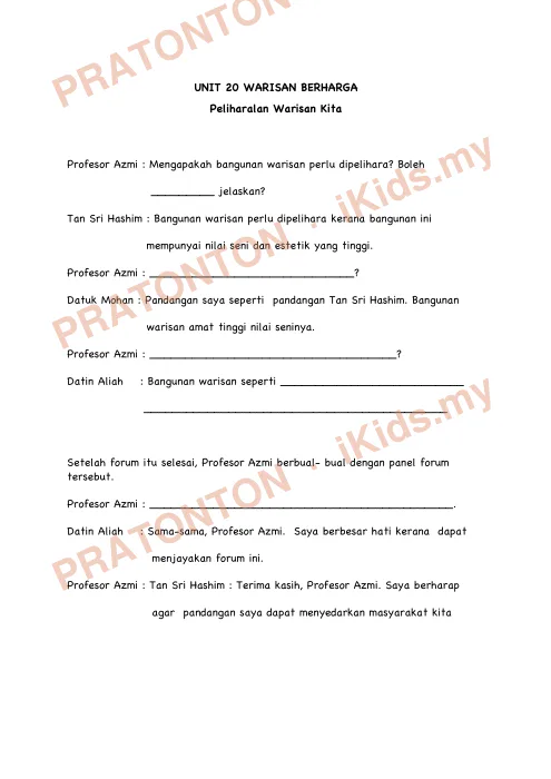 Pratonton muka 2 lembaran Modul Bahasa Melayu SJK Tahun 6 — Unit 20: Warisan Berharga — Bahasa Melayu Tahun 6