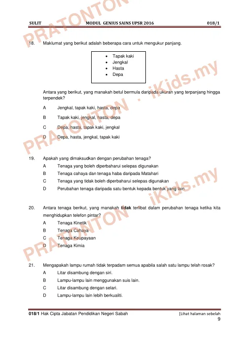 Pratonton muka 9 lembaran Modul Genius Sains UPSR 2016 JPN Sabah — Soalan Set 1 — Sains Tahun 6