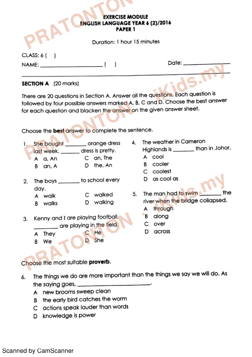 Pratonton muka 1 lembaran Modul Latihan Bahasa Inggeris Tahun 6 2016 — Kertas 1 — Bahasa Inggeris Tahun 6