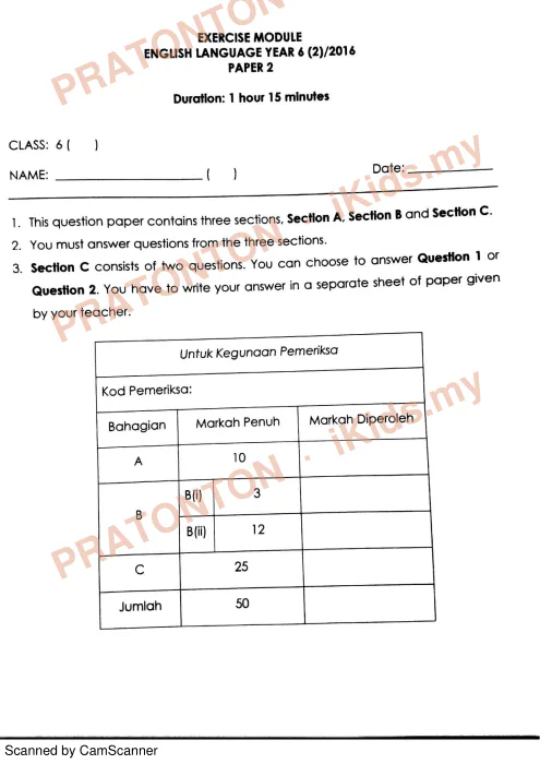 Pratonton muka 1 lembaran Modul Latihan Bahasa Inggeris Tahun 6 2016 — Kertas 2 — Bahasa Inggeris Tahun 6