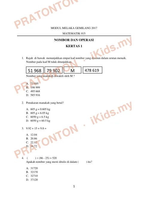 Pratonton muka 1 lembaran Modul Matematik Tahun 6 — Melaka Gemilang 2017 — Matematik Tahun 6