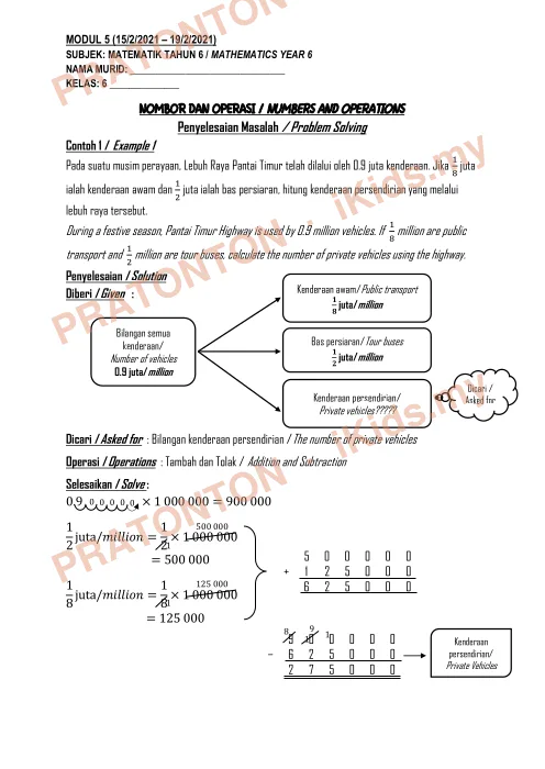 Pratonton muka 1 lembaran Modul Matematik Tahun 6 — Modul 5: Nombor dan Operasi (Dwibahasa) — Matematik Tahun 6