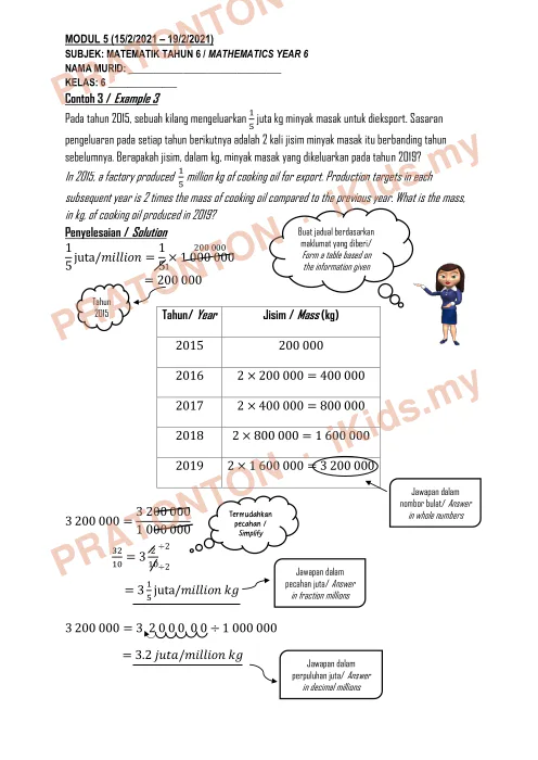 Pratonton muka 3 lembaran Modul Matematik Tahun 6 — Modul 5: Nombor dan Operasi (Dwibahasa) — Matematik Tahun 6