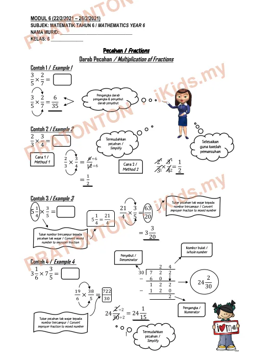 Pratonton muka 1 lembaran Modul Matematik Tahun 6 — Modul 6: Darab Pecahan (Dwibahasa) — Matematik Tahun 6