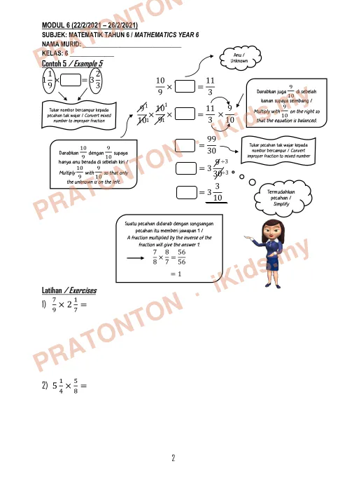 Pratonton muka 2 lembaran Modul Matematik Tahun 6 — Modul 6: Darab Pecahan (Dwibahasa) — Matematik Tahun 6