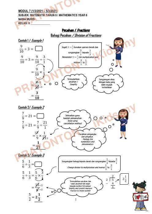 Pratonton muka 1 lembaran Modul Matematik Tahun 6 — Modul 7: Bahagi Pecahan (Dwibahasa) — Matematik Tahun 6