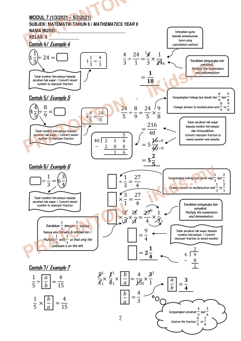 Pratonton muka 2 lembaran Modul Matematik Tahun 6 — Modul 7: Bahagi Pecahan (Dwibahasa) — Matematik Tahun 6