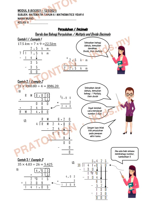 Pratonton muka 1 lembaran Modul Matematik Tahun 6 — Modul 8: Darab dan Bahagi Perpuluhan (Dwibahasa) — Matematik Tahun 6