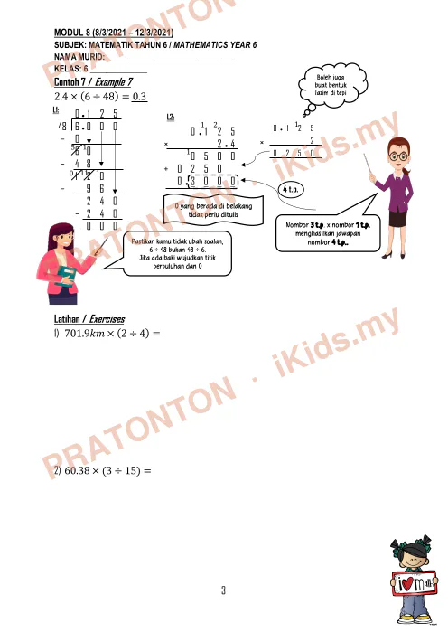 Pratonton muka 3 lembaran Modul Matematik Tahun 6 — Modul 8: Darab dan Bahagi Perpuluhan (Dwibahasa) — Matematik Tahun 6