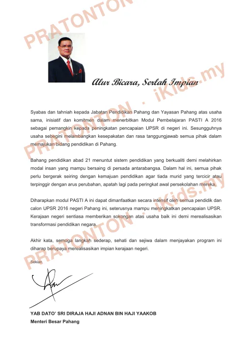 Pratonton muka 1 lembaran Modul Matematik Tahun 6 — PASTI A Pahang 2016 — Matematik Tahun 6